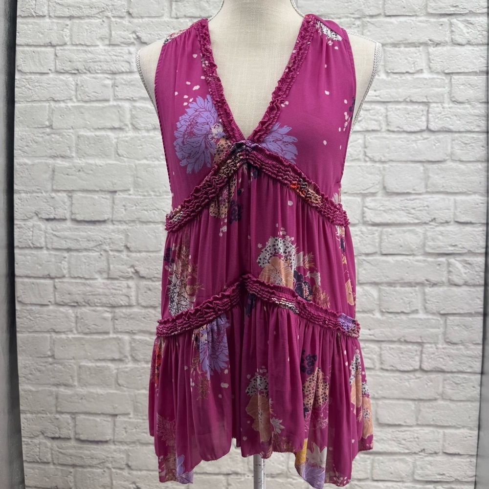 Free People Purple Haze Floral Tiered Ruffle Tunic Tank Top XS Boho Romantic